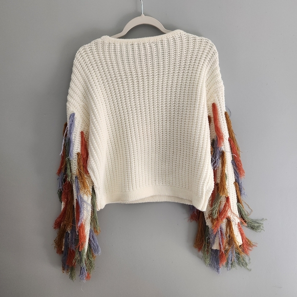 Chunky Knit Cream Boho Western Sweater With Multicolor Tassles on the Sleeves - Picture 7 of 13